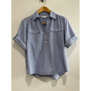 Kathy Daniels Gingham Tunic Blouse Womens L Blue Short Roll Tab Sleeve